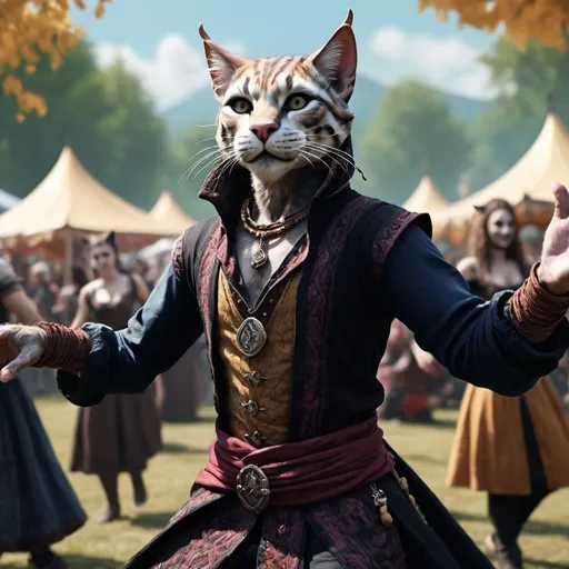 Prompt: khajiit male bard dancing at a festival  fantasy, whimsical, gothic.mythical UHD, 4k,intricately detailed, deep colors, high contrast (UHD, 4k,intricately detailed, deep colors, high contrast)