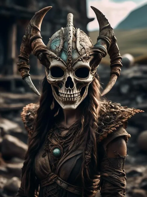 Prompt: <mymodel>viking alien with skull mask, in viking ruins