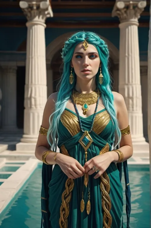 Prompt:  greek woman elemental being (water) with golden trident and long braided blue and green hair, with beautiful jewelery in greek dress. standing in a temple court yard (UHD, 4k,intricately detailed, deep colors, high contrast)