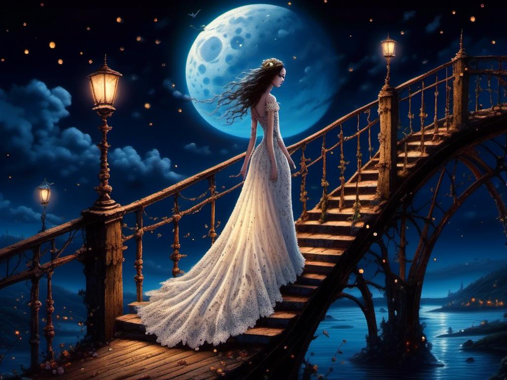 Prompt: <mymodel>   woman in wedding dress walking down bridge in the night under the moon light (Tim Burton art style) .UHD, 4k,intricately detailed, deep colors, high contrast (UHD, 4k,intricately detailed, deep colors, high contrast)