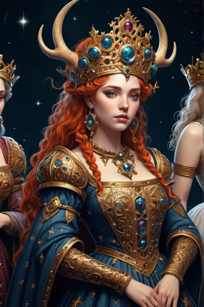 Prompt: Zodiac queens in medieval clothing art mystical and whimsical (UHD, 4k,intricately detailed, deep colors, high contrast)