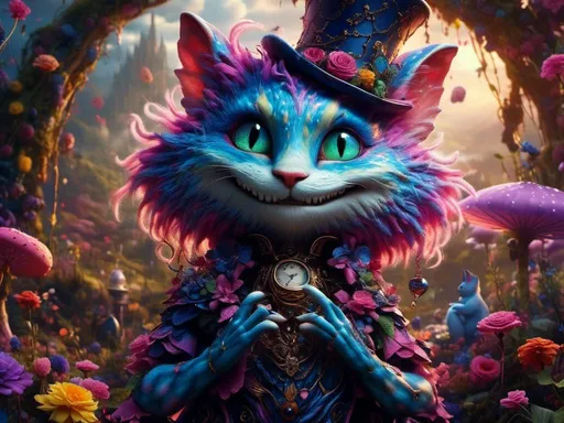 Prompt: <mymodel> (Alice in Wonderland theme) Cheshire , cat, Victorian clothing, volcanic, mythical, piercings  .UHD, 4k,intricately detailed, deep colors, high contrast (UHD, 4k,intricately detailed, deep colors, high contrast)