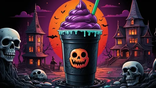 Prompt: spooky goth slurpee  cartoon, illustration (UHD, 4k,intricately detailed, deep colors, high contrast)