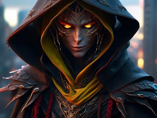 Prompt: <mymodel> evil villian in long cloak and hood looking over large city with evil grin. Yellow eyes, red braided hair, scar on eyebrow. UHD, 4k,intricately detailed, deep colors, high contrast (UHD, 4k,intricately detailed, deep colors, high contrast)