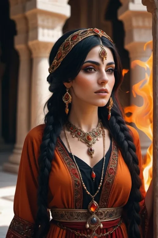 Prompt: persian woman elemental being (fire) with long braided orange, red, and black hair, with beautiful jewelery in persian clothing. standing in a temple court yard (UHD, 4k,intricately detailed, deep colors, high contrast)