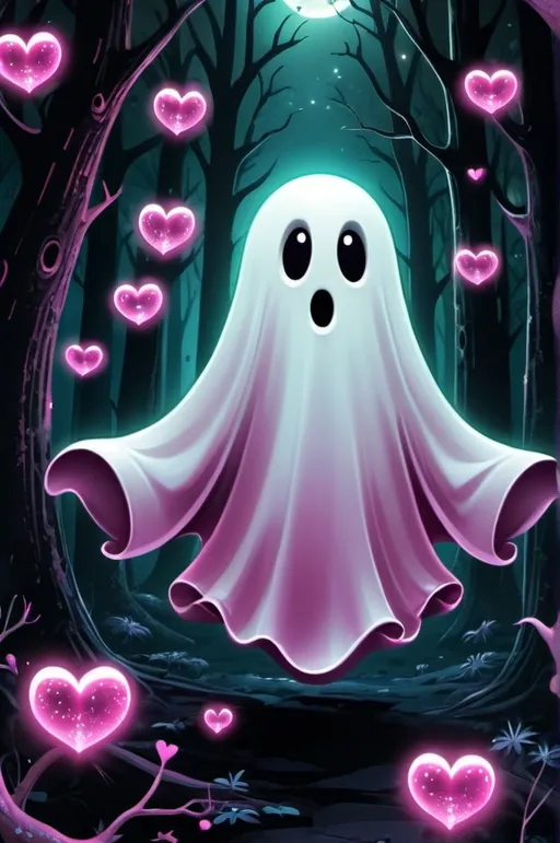 Prompt: cartoon, illustration, ghost with pink sparkling hearts, happy, floating, sparkly, spooky forest fantasy, whimsical, gothic.mythical  UHD, 4k,intricately detailed, deep colors, high contrast (UHD, 4k,intricately detailed, deep colors, high contrast)