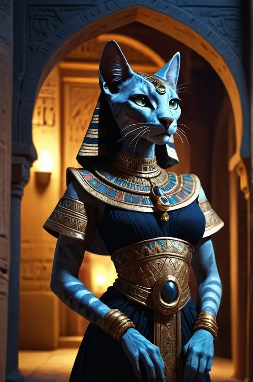 Prompt: khajiit female, ancient egypt in palace, at night, in egyptian dress, standing in courtyard fantasy, whimsical, gothic.mythical UHD, 4k,intricately detailed, deep colors, high contrast (UHD, 4k,intricately detailed, deep colors, high contrast)