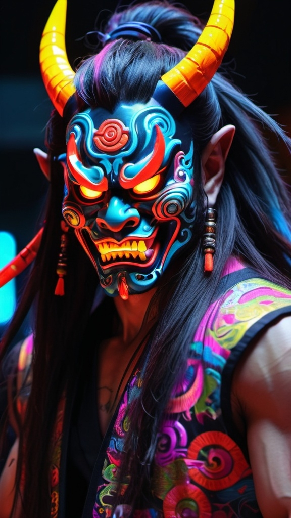 Prompt: <mymodel> neon colors Japanese oni mask man dancing  long hair,  night time cyber punk .UHD, 4k,intricately detailed, deep colors, high contrast (UHD, 4k,intricately detailed, deep colors, high contrast)