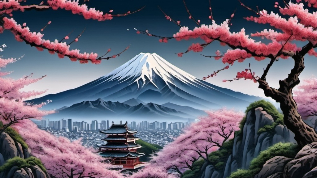 Prompt:   Beautiful Japanese art of mountain and cherry blossoms  (UHD, 4k,intricately detailed, deep colors, high contrast)