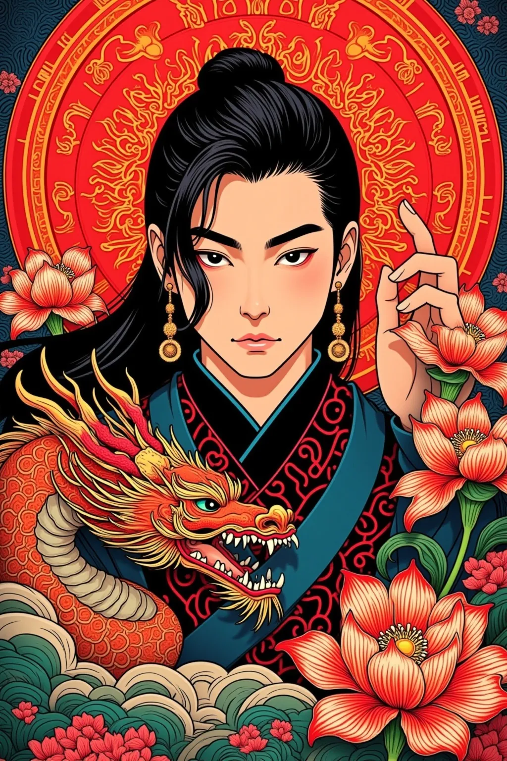 Prompt: samurai, man, dragon, lotus flowers, elegant, bold, pop art, rich colors