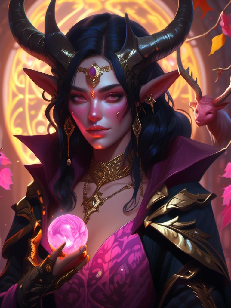 Prompt: <mymodel>Tiefling woman, pale skin, pink eyes, large horns, black hair, in cloak, with golden choker, mage, with orb of leaves in her hand (medieval) (dungeons and dragons style) , UHD, 4k,intricately detailed, deep colors, high contrast (UHD, 4k,intricately detailed, deep colors, high contrast)