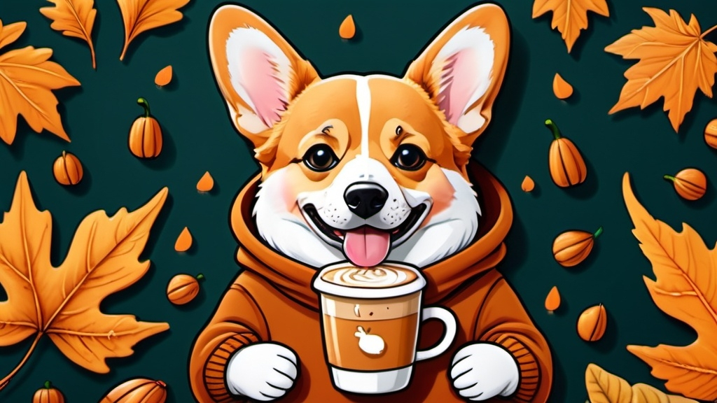 Prompt: corgi with pumpkin spice latte and falls leaves, cozy sweater, in hood ,cartoon, illustration (UHD, 4k,intricately detailed, deep colors, high contrast)