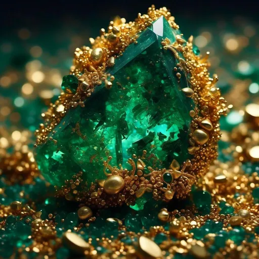 Prompt: <mymodel> emerald crystal in pile of gold flakes