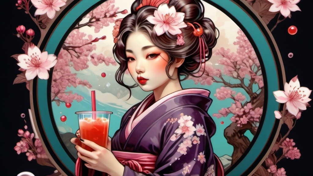 Prompt: Bubble tea, woman, cute, Japanese cherry blossoms, geisha, kawaii(UHD, 4k,intricately detailed, deep colors, high contrast)