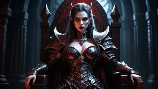 Prompt: vampire queen, warrior, elegant armor in dark throne room , moonlit, dungeons and dragons art style (UHD, 4k,intricately detailed, deep colors, high contrast)