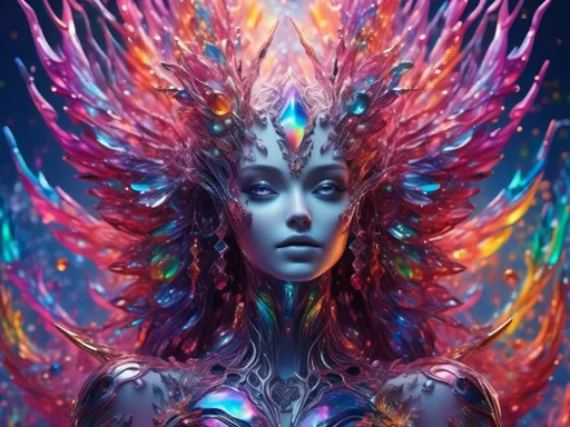 Prompt: <mymodel>beautiful female sentient rainbow entity with silver, opalescent, iridescent, bismuth crystals, rainbow oil slick sheen effect, black, translucent, bright pastel colors, lots of light, detailed, realistic, 4k, high saturation of color,  high contrast