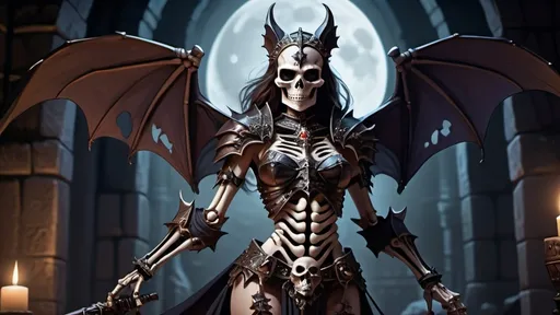 Prompt: skeleton bat anthro female queen, warrior, elegant armor in dark tomb, moonlit, dungeons and dragons art style (UHD, 4k,intricately detailed, deep colors, high contrast)