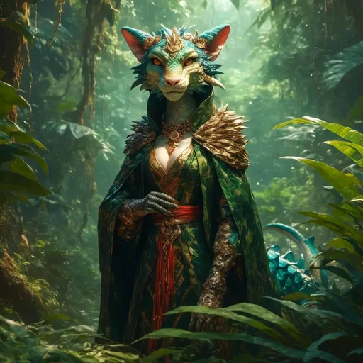 Prompt: <mymodel> anthro female dragon with cloak in jungle