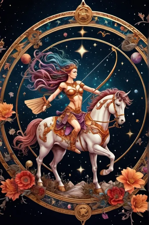 Prompt: Sagittarius ,Zodiac art mystical and whimsical (UHD, 4k,intricately detailed, deep colors, high contrast)