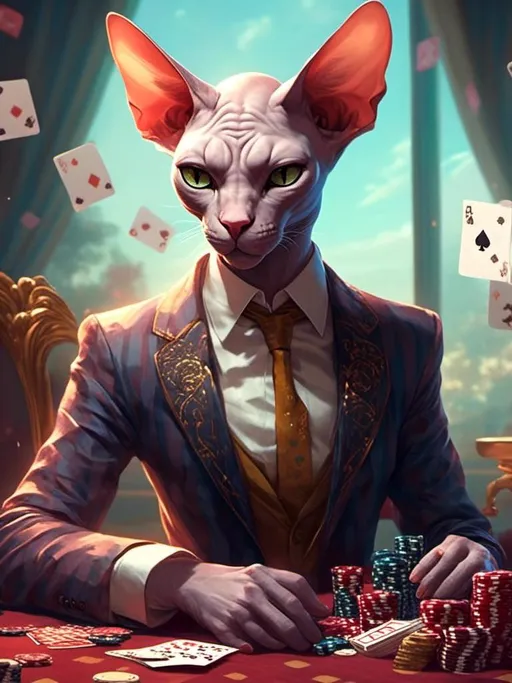 Prompt: <mymodel> (anthro) (furry) sphynx cat playing poker sophisticated elegant detailed, realistic, 4k, high saturation of color,  high contrast