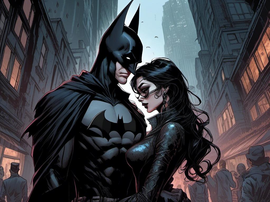 Prompt: <mymodel> cat woman and batman, in Gotham city, detailed, dark colors, dramatic, graphic novel illustration,  2d shaded retro comic book