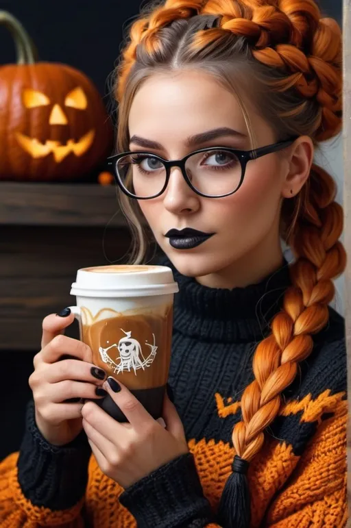 Prompt: halloween, pumpkin spice latte, witchy , woman with glasses, sweater and french braid  (UHD, 4k,intricately detailed, deep colors, high contrast)