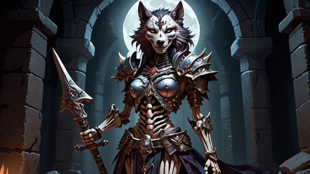 Prompt: skeleton wolf anthro female queen, warrior, elegant armor in dark tomb, moonlit, dungeons and dragons art style (UHD, 4k,intricately detailed, deep colors, high contrast)