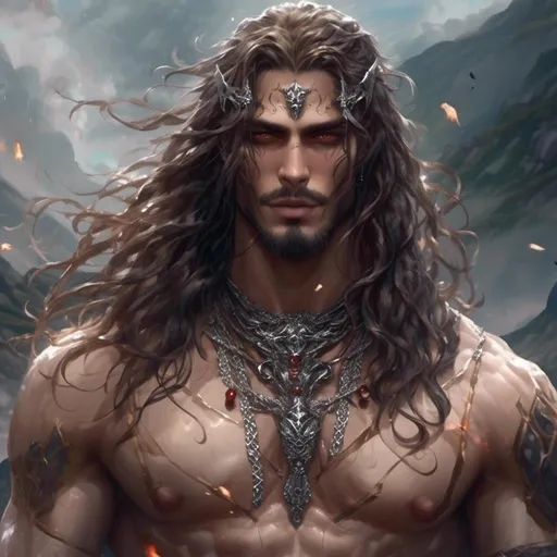 Prompt: <mymodel> king of the vampires mesmerizing and terrifying long wavy hair, muscular, beard braided with metal bead