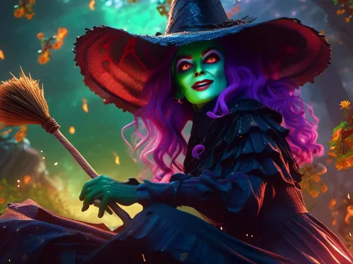 Prompt: <mymodel>   wicked witch riding a broom stick  (wizard of oz art style) .UHD, 4k,intricately detailed, deep colors, high contrast (UHD, 4k,intricately detailed, deep colors, high contrast)