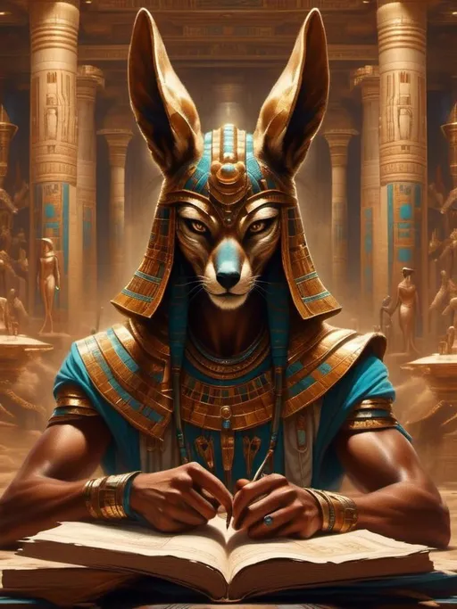 Prompt: <mymodel> Egyptian man with jackal mask, (Anubis helmet), in ancient Egyptian clothing, in temple. Reading scrolls. 