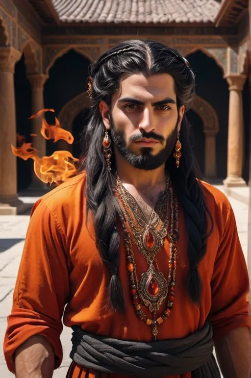 Prompt: persian man elemental being (fire) with long braided orange, red, and black hair, with beautiful jewelery in persian clothing. standing in a temple court yard (UHD, 4k,intricately detailed, deep colors, high contrast)