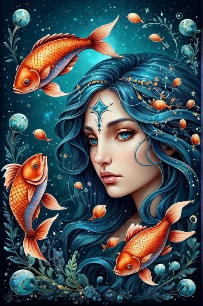 Prompt: Pisces ,Zodiac art mystical and whimsical (UHD, 4k,intricately detailed, deep colors, high contrast)