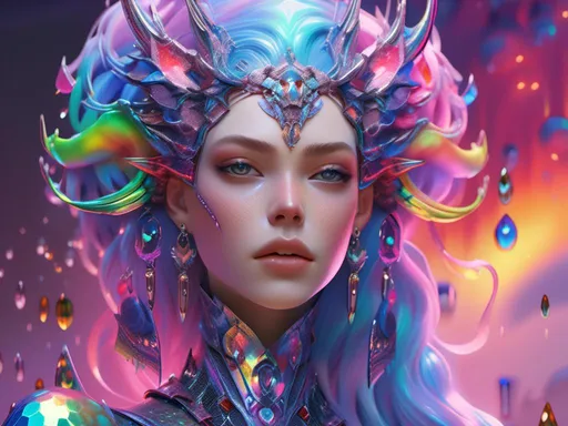 Prompt: <mymodel>beautiful female sentient rainbow entity with silver, opalescent, iridescent, bismuth crystals, rainbow oil slick sheen effect, black, translucent, bright pastel colors, lots of light, detailed, realistic, 4k, high saturation of color,  high contrast