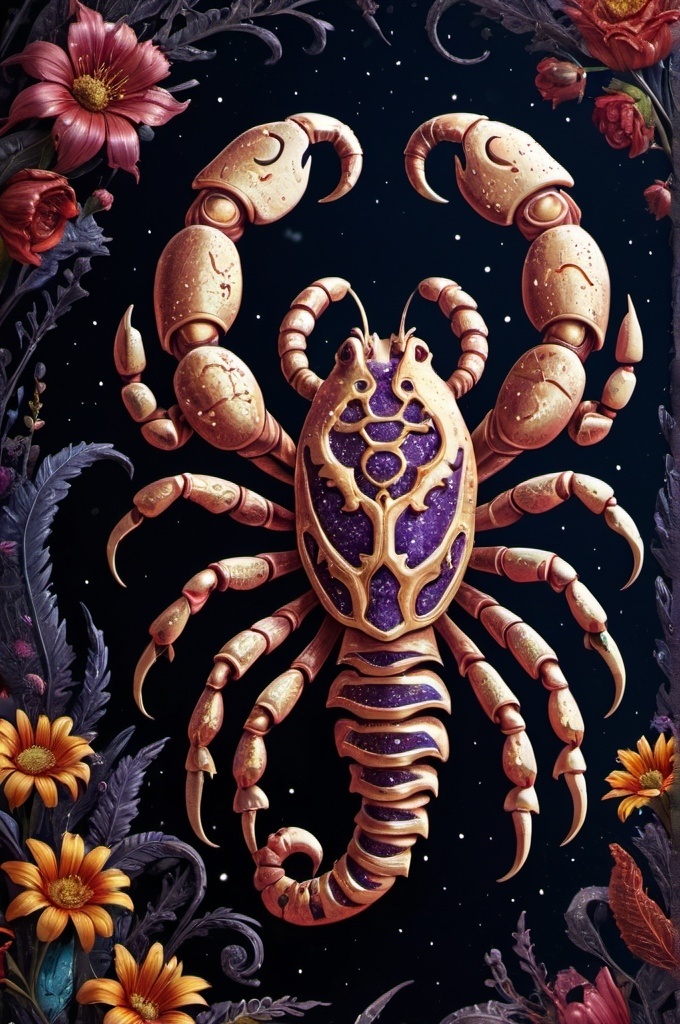 Prompt: Scorpio ,Zodiac art mystical and whimsical (UHD, 4k,intricately detailed, deep colors, high contrast)