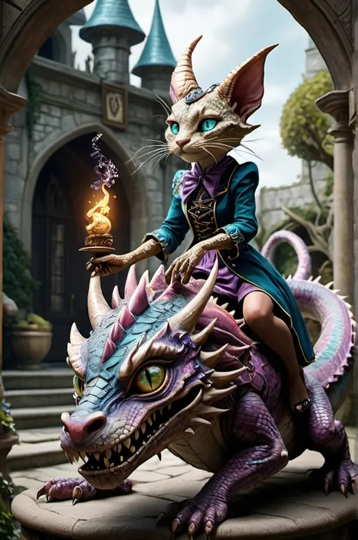 Prompt: khajiit mage riding dragon in courtyard fantasy, whimsical, gothic.mythical (alice in wonderland art style) UHD, 4k,intricately detailed, deep colors, high contrast (UHD, 4k,intricately detailed, deep colors, high contrast)