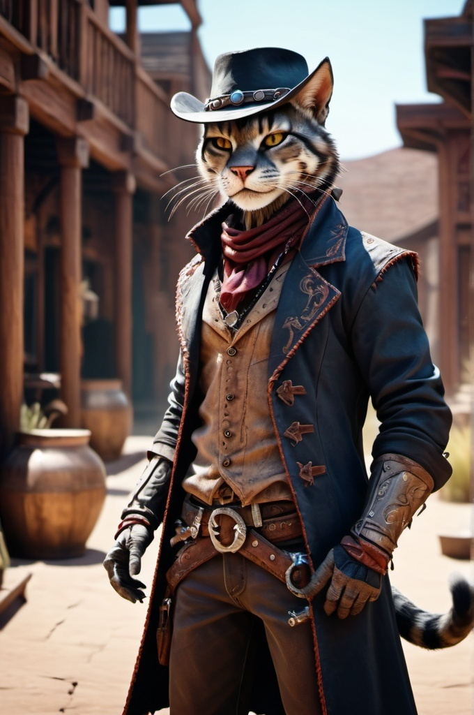 Prompt: khajiit cowboy in wild west standing in courtyard fantasy, whimsical, gothic.mythical UHD, 4k,intricately detailed, deep colors, high contrast (UHD, 4k,intricately detailed, deep colors, high contrast)