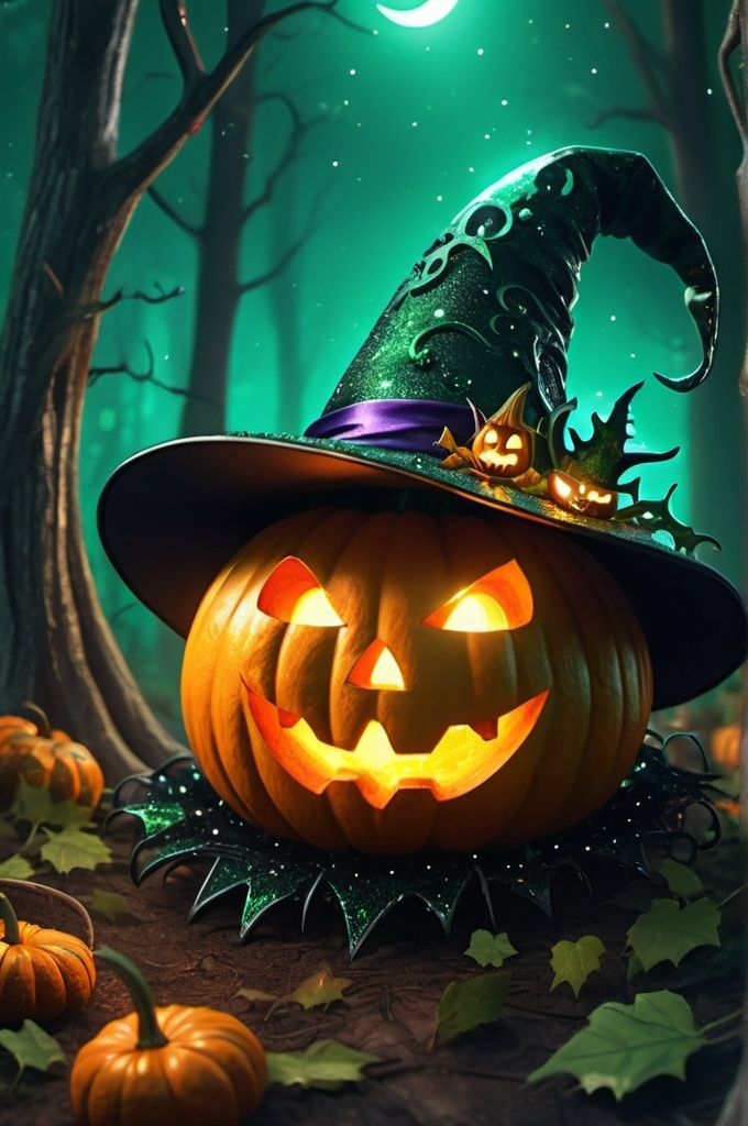 Prompt: cartoon, illustration, jack o' lantern with green sparkling witch hat happy, floating, sparkly, spooky forest fantasy, whimsical, gothic.mythical  UHD, 4k,intricately detailed, deep colors, high contrast (UHD, 4k,intricately detailed, deep colors, high contrast)