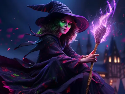 Prompt: <mymodel>   wicked witch riding a broom stick  (Harry Potter art style) .UHD, 4k,intricately detailed, deep colors, high contrast (UHD, 4k,intricately detailed, deep colors, high contrast)