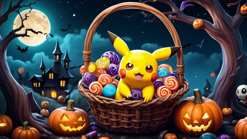 Prompt: spooky, halloween, Pokémon character with lots of candy over flowing in basket, on a full moon night fantasy, cute, colorful, and whimsical, cartoon, illustration (UHD, 4k,intricately detailed, deep colors, high contrast)