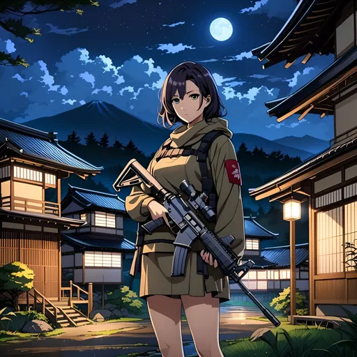 Prompt: (masterpiece), best quality, (an mature mother), (standing in the forest), (holding a AR-18 assault rifle), (nighttime), (dark suspense atmosphere), (Japanese countryside city), wide view, anime artstyle 