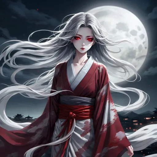 Prompt: Moonlit anime illustration of a mysterious girl, shades of silver and deep red, ethereal lunar setting, elegant flowing hair, intense and enigmatic gaze, blood-stained kimono billowing in the wind, cool and eerie atmosphere, detailed eyes, highres, anime, mystical, moonlit, ethereal, flowing hair, intense gaze, blood-stained kimono, cool tones, atmospheric lighting