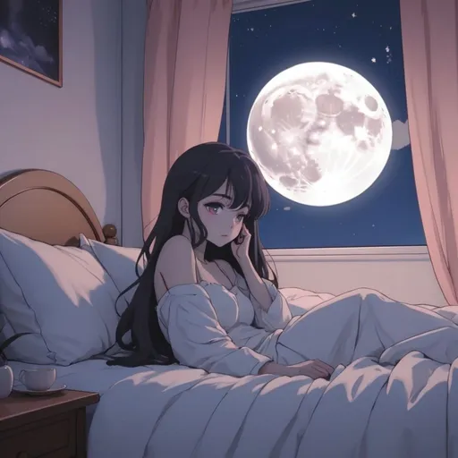 Prompt: moon aesthetic anime girl in bed