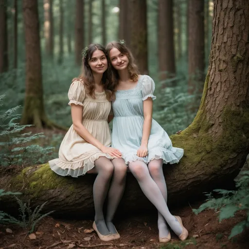 Prompt: Two plain, ordinary-looking women in their 30s dressed in a modest frilly dress, sheer tights and flats are intimately hugging and cuddling at a hidden spot in forest area, dreamy expression, full body view 