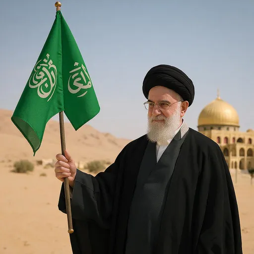 Prompt: The image depicts Ayatollah Ali Khamenei, the Supreme Leader of Iran, holding a green flag with Islamic calligraphy, potentially representing a religious or political message, in a desert-like landscape with a dome structure resembling a shrine or mosque in front of him
