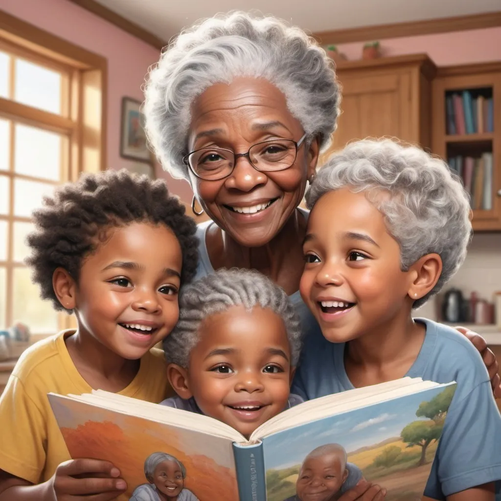 Prompt: Realistic illustration of an African American grandma with grey hair playing with her 3 energetic grandchildren, warm and soft lighting, realistic style, detailed facial expressions, cozy and joyful atmosphere, high quality, heartwarming, family bonding, loving interaction, realistic lighting, detailed wrinkles, realistic hair texture, affectionate, detailed background