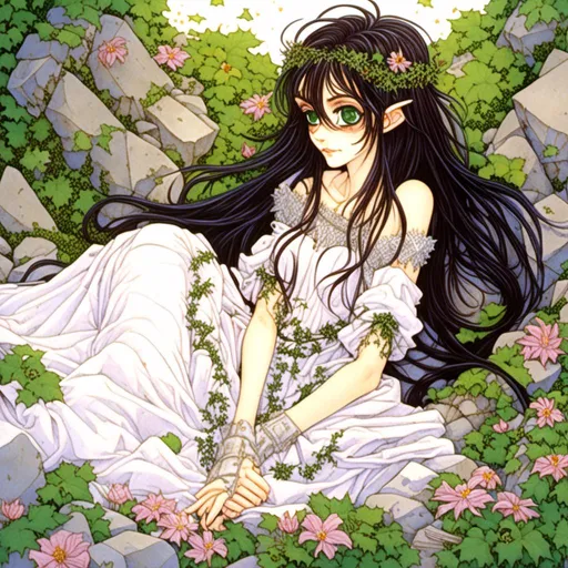 Prompt: A fair skinned petite elf girl with very long wavy black hair, reddish brown eyes with long lashes, laying among marble rubble with flowers and moss <mymodel>