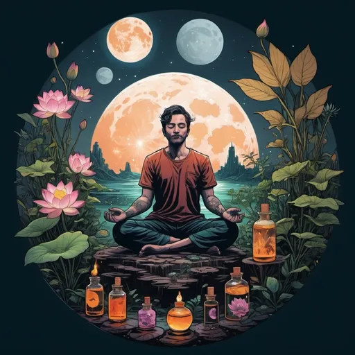 Prompt: a person sitting in a lotus position surrounded by plants and bottles of oil and a moon in the background, Dan Mumford, neoplasticism, josan gonzales and dan mumford, an illustration of