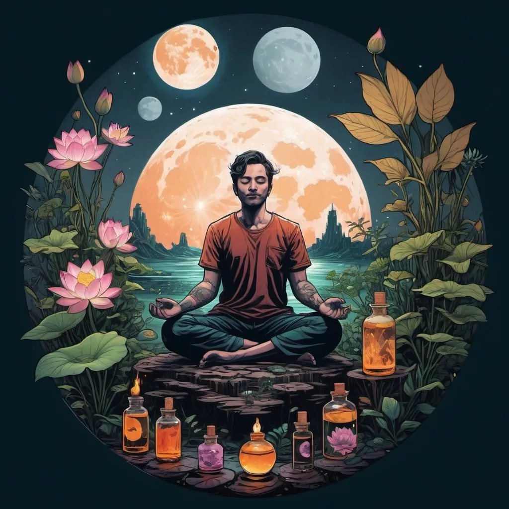 Prompt: a person sitting in a lotus position surrounded by plants and bottles of oil and a moon in the background, Dan Mumford, neoplasticism, josan gonzales and dan mumford, an illustration of