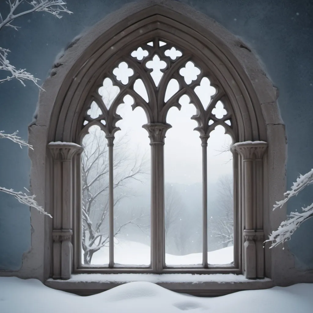 Prompt: gothic window suspended in air, outside in snow-covered surroundings no building,