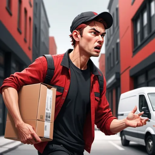 Prompt: An illustration of a courier picking up an order that a person has refused and wants to return, in red and black 